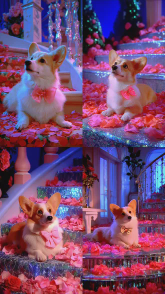 dreamy candy-colored surreal fairy tale style, cream corgi with bowknot crouching on petal carpet, low-angle shot, close-up, crystal stairs covered with rose petals, diagonal composition, cozy lazy mood , 8k