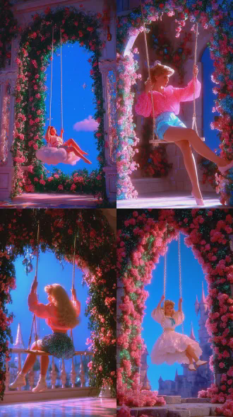 dreamy candy-colored surreal fairy tale style, girl swinging on cloud swing, high-angle shot, wide shot, crystal castle wrapped in flower vines, frame composition (castle arch as frame), cozy relaxed mood , 8k