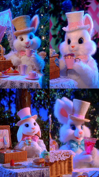 dreamy candy-colored surreal fairy tale style, white rabbit with top hat holding berry cup, eye-level view, medium close-up, beside picnic basket with lace tablecloth, triangular composition, cozy leisurely mood , 8k