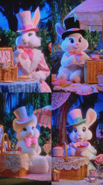 dreamy candy-colored surreal fairy tale style, white rabbit with top hat holding berry cup, eye-level view, medium close-up, beside picnic basket with lace tablecloth, triangular composition, cozy leisurely mood , 8k