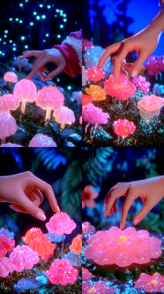 dreamy candy-colored surreal fairy tale style, girl's fingertip touching glowing jelly flower, close-up, macro shot, glowing jelly flower field, central composition, cozy gentle mood , 8k