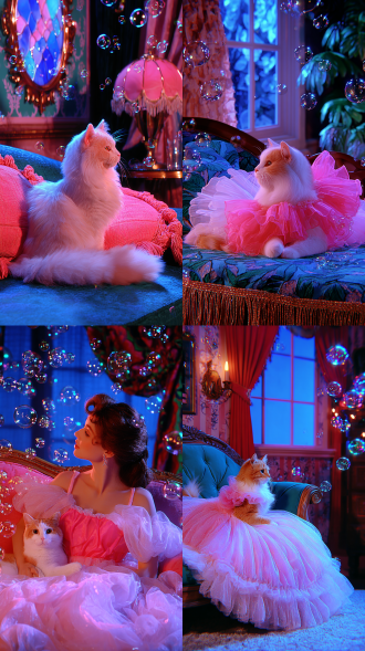 dreamy candy-colored surreal fairy tale style, cat in gauze dress curled on velvet cushion, side view, medium shot, cozy living corner with scented bubbles, s-shaped composition, cozy lazy mood , 8k