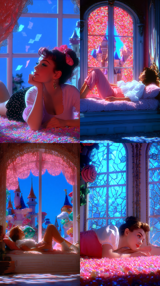 dreamy candy-colored surreal fairy tale style, girl lying on candy windowsill watching flying sugar paper, eye-level view, medium shot, candy castle windowsill, symmetrical composition, cozy empty mood , 8k