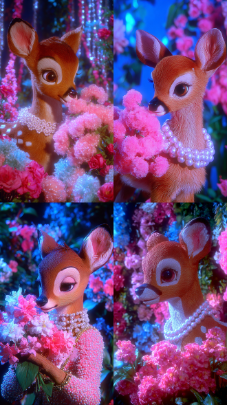 dreamy candy-colored surreal fairy tale style, fawn with pearl collar sniffing bouquet, low-angle shot, medium close-up, garden full of cotton candy flowers, diagonal composition, cozy soft mood , 8k