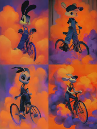 this is a work that combines pixar style 3d stereoscopic effect with digital illustration brushstrokes, creating a semi jelly like dreamy texture painting style using contour light in the strong cinematic collision of deep blue and warm orange，orange-purple neon soft fantasy style, rabbit in denim overalls, riding cloud-patched bicycle past purple fog clouds, low-angle upward shot, follow shot lens, orange-purple gradient sky, s-shaped composition，comfortable aesthetics, cinematic lighting, 8k, uhd