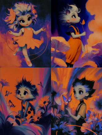this is a work that combines pixar style 3d stereoscopic effect with digital illustration brushstrokes, creating a semi jelly like dreamy texture painting style using contour light in the strong cinematic collision of deep blue and warm orange，orange-purple neon soft fantasy style, hedgehog in cotton pinafore, skipping rainbow rope with butterfly, eye-level medium shot, follow shot lens, sun-dappled garden, s-shaped composition，comfortable aesthetics, cinematic lighting, 8k, uhd