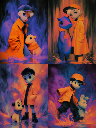 this is a work that combines pixar style 3d stereoscopic effect with digital illustration brushstrokes, creating a semi jelly like dreamy texture painting style using contour light in the strong cinematic collision of deep blue and warm orange，orange-purple neon soft fantasy style, boy in raincoat & capybara in knit scarf, splashing in puddle, low-angle upward shot, fixed lens, rainy park, circular composition，comfortable aesthetics, cinematic lighting, 8k, uhd