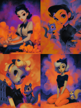 this is a work that combines pixar style 3d stereoscopic effect with digital illustration brushstrokes, creating a semi jelly like dreamy texture painting style using contour light in the strong cinematic collision of deep blue and warm orange，orange-purple neon soft fantasy style, girl on carpet & squirrel in bowtie, assembling star puzzle, high-angle overhead shot, fixed lens, carpeted living room, central composition，comfortable aesthetics, cinematic lighting, 8k, uhd