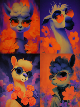 this is a work that combines pixar style 3d stereoscopic effect with digital illustration brushstrokes, creating a semi jelly like dreamy texture painting style using contour light in the strong cinematic collision of deep blue and warm orange，orange-purple neon soft fantasy style, alpaca in aviator sunglasses, taking polaroid of street bouquet, eye-level medium close-up, follow shot lens, orange-purple street corner, triangular composition，comfortable aesthetics, cinematic lighting, 8k, uhd