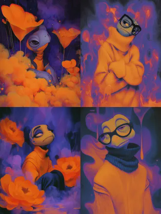 this is a work that combines pixar style 3d stereoscopic effect with digital illustration brushstrokes, creating a semi jelly like dreamy texture painting style using contour light in the strong cinematic collision of deep blue and warm orange，orange-purple neon soft fantasy style, turtle in thick sweater, soaking in steaming hot spring, side medium shot, fixed lens, petal-floating hot spring, circular composition，comfortable aesthetics, cinematic lighting, 8k, uhd