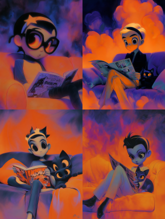 this is a work that combines pixar style 3d stereoscopic effect with digital illustration brushstrokes, creating a semi jelly like dreamy texture painting style using contour light in the strong cinematic collision of deep blue and warm orange，orange-purple neon soft fantasy style, boy on sofa & cat in star headband, reading comic, eye-level medium shot, tracking lens, comic-strewn sofa, central composition，comfortable aesthetics, cinematic lighting, 8k, uhd