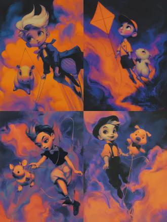 this is a work that combines pixar style 3d stereoscopic effect with digital illustration brushstrokes, creating a semi jelly like dreamy texture painting style using contour light in the strong cinematic collision of deep blue and warm orange，orange-purple neon soft fantasy style, boy with kite string & capybara in velvet bowtie, flying striped kite, side panorama, pan lens, windy meadow, s-shaped composition，comfortable aesthetics, cinematic lighting, 8k, uhd