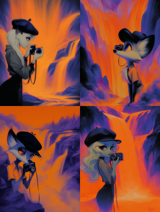 this is a work that combines pixar style 3d stereoscopic effect with digital illustration brushstrokes, creating a semi jelly like dreamy texture painting style using contour light in the strong cinematic collision of deep blue and warm orange，orange-purple neon soft fantasy style, fox in linen beret, taking polaroid of mountain waterfall, eye-level medium shot, follow shot lens, orange-purple mountain area, diagonal composition，comfortable aesthetics, cinematic lighting, 8k, uhd