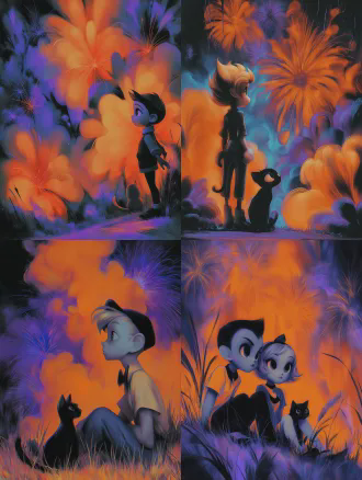 this is a work that combines pixar style 3d stereoscopic effect with digital illustration brushstrokes, creating a semi jelly like dreamy texture painting style using contour light in the strong cinematic collision of deep blue and warm orange，orange-purple neon soft fantasy style, boy on lawn & cat in knit scarf, watching firework display, high-angle overhead shot, fixed lens, picnic-mat meadow, circular composition，comfortable aesthetics, cinematic lighting, 8k, uhd