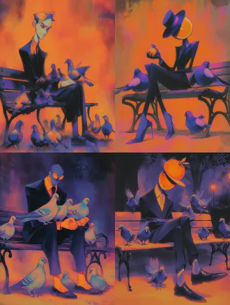 this is a work that combines pixar style 3d stereoscopic effect with digital illustration brushstrokes, creating a semi jelly like dreamy texture painting style using contour light in the strong cinematic collision of deep blue and warm orange，a figure wearing a sharp dark navy suit with a sliced juicy orange for a head, sitting on a park bench feeding blue pigeons. nighttime park setting. medium shot, straight on. surrealism, rene magritte style influence, cinematic color grading, hyper-realistic textures，comfortable aesthetics, cinematic lighting, 8k, uhd