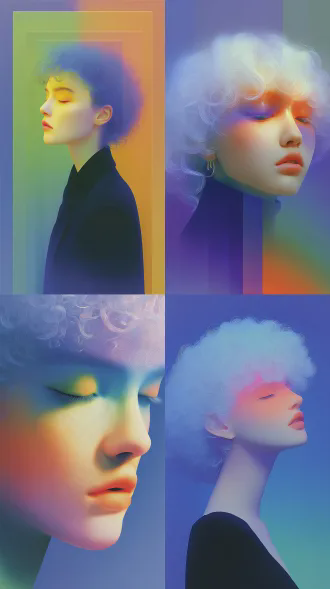 a close-up shot featuring a retro fashionable girl with exquisite curly hair, her face surrounded by geometric blocks of color. this is a work presenting surrealist dreamcore and vaporwave aesthetics, featuring a blend of high-saturation rainbow gradient lighting, hazy film grain texture, and minimalist yet narrative-driven cinematic composition, creating a fantasy dream atmosphere that is both lonely and healing. [composition] collage art style, the girl looks away with a hazy gaze. [scene] she seems to be in a kaleidoscope space made of stained glass and old magazine fragments, with a background of flowing pop art color blocks. [details] soft focus filter, vintage magazine texture, color bleeding, psychedelic vibes.