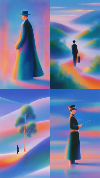 mid view, side view, an old conductor is conducting an orchestra to perform. the fusion of surrealism and steam wave aesthetic style, high saturation rainbow gradient, hazy light and shadow, film grain texture, minimalism, full of narrative tension, cinematic composition, creates an atmosphere that is both focused and healing fantasy.