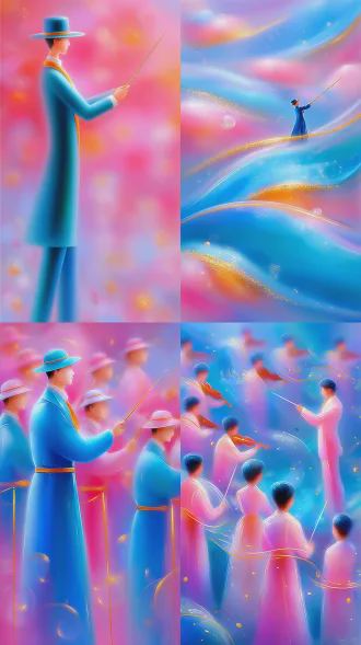 mid view, side view, an old conductor is conducting an orchestra to perform. the fusion of surrealism and steam wave aesthetic style, high saturation rainbow gradient, hazy light and shadow, film grain texture, minimalism, full of narrative tension, cinematic composition, creates an atmosphere that is both focused and healing fantasy.