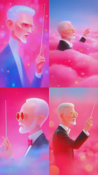 this is a work presenting surrealist dreamcore and vaporwave aesthetics, featuring a blend of high-saturation rainbow gradient lighting, hazy film grain texture, and minimalist yet narrative-driven cinematic composition, creating a fantasy dream atmosphere that is both lonely and healing. [forced composition] close-up profile shot (not mid shot), lens focuses on the conductor's face rather than full body. [facial anchors] an old conductor wearing gold-rimmed glasses and a neat white beard, his side profile face is fully visible and illuminated by stage light, not in shadow or silhouette. [state] he stands in distinct profile, raising his right arm with the baton, eyes staring sharply through glasses at the score ahead, extremely focused expression. [details] clear tuxedo collar details, no back view, no rear view, no silhouette.