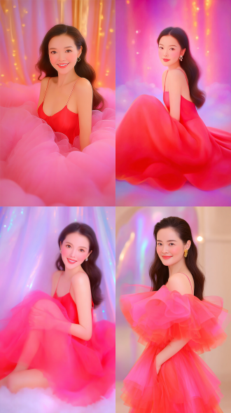 a work that combines surrealist dream core and steam wave aesthetic style, with high saturation rainbow gradient, hazy light and shadow, film grain texture, minimalism, full of narrative tension, cinematic composition, creating an atmosphere that is both focused and healing fantasy. half body portrait of a young asian woman with long hair draped over her shoulders, wearing a red spaghetti strap dress. she was facing the camera with bright eyes, staring at the audience with a sweet and cheerful smile on her face. the background is a pure light color tone with uniform and soft lighting, highlighting the texture of the skin and the bright colors of the red dress. high texture