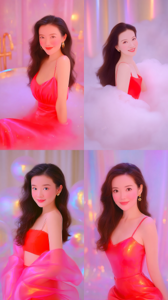 a work that combines surrealist dream core and steam wave aesthetic style, with high saturation rainbow gradient, hazy light and shadow, film grain texture, minimalism, full of narrative tension, cinematic composition, creating an atmosphere that is both focused and healing fantasy. half body portrait of a young asian woman with long hair draped over her shoulders, wearing a red spaghetti strap dress. she was facing the camera with bright eyes, staring at the audience with a sweet and cheerful smile on her face. the background is a pure light color tone with uniform and soft lighting, highlighting the texture of the skin and the bright colors of the red dress. high texture,