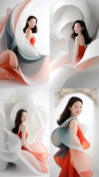 a work that combines surrealist dream core and steam wave aesthetic style, with high saturation rainbow gradient, hazy light and shadow, film grain texture, minimalism, full of narrative tension, cinematic composition, creating an atmosphere that is both focused and healing fantasy. half body portrait of a young asian woman with long hair draped over her shoulders, wearing a red spaghetti strap dress. she was facing the camera with bright eyes, staring at the audience with a sweet and cheerful smile on her face. the background is a pure light color tone with uniform and soft lighting, highlighting the texture of the skin and the bright colors of the red dress. high texture,