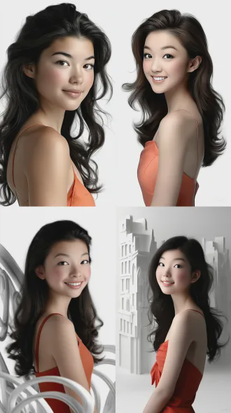 a work that combines surrealist dream core and steam wave aesthetic style, with high saturation rainbow gradient, hazy light and shadow, film grain texture, minimalism, full of narrative tension, cinematic composition, creating an atmosphere that is both focused and healing fantasy. half body portrait of a young asian woman with long hair draped over her shoulders, wearing a red spaghetti strap dress. she was facing the camera with bright eyes, staring at the audience with a sweet and cheerful smile on her face. the background is a pure light color tone with uniform and soft lighting, highlighting the texture of the skin and the bright colors of the red dress. high texture,