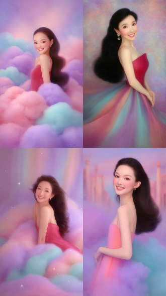 a work that combines surrealist dream core and steam wave aesthetic style, with high saturation rainbow gradient, hazy light and shadow, film grain texture, minimalism, full of narrative tension, cinematic composition, creating an atmosphere that is both focused and healing fantasy. half body portrait of a young asian woman with long hair draped over her shoulders, wearing a red spaghetti strap dress. she was facing the camera with bright eyes, staring at the audience with a sweet and cheerful smile on her face. the background is a pure light color tone with uniform and soft lighting, highlighting the texture of the skin and the bright colors of the red dress. high texture,