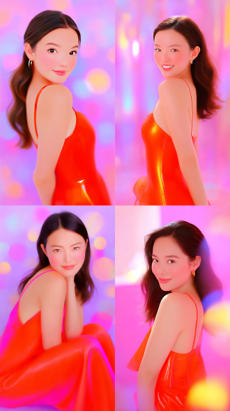 a work that combines surrealist dream core and steam wave aesthetic style, with high saturation rainbow gradient, hazy light and shadow, film grain texture, minimalism, full of narrative tension, cinematic composition, creating an atmosphere that is both focused and healing fantasy. half body portrait of a young asian woman with long hair draped over her shoulders, wearing a red spaghetti strap dress. she was facing the camera with bright eyes, staring at the audience with a sweet and cheerful smile on her face. the background is a pure light color tone with uniform and soft lighting, highlighting the texture of the skin and the bright colors of the red dress. high texture,