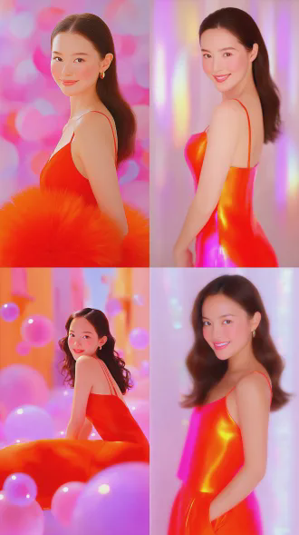 a work that combines surrealist dream core and steam wave aesthetic style, with high saturation rainbow gradient, hazy light and shadow, film grain texture, minimalism, full of narrative tension, cinematic composition, creating an atmosphere that is both focused and healing fantasy. half body portrait of a young asian woman with long hair draped over her shoulders, wearing a red spaghetti strap dress. she was facing the camera with bright eyes, staring at the audience with a sweet and cheerful smile on her face. the background is a pure light color tone with uniform and soft lighting, highlighting the texture of the skin and the bright colors of the red dress. high texture,