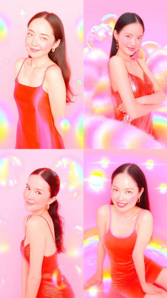 a work that combines surrealist dream core and steam wave aesthetic style, with high saturation rainbow gradient, hazy light and shadow, film grain texture, minimalism, full of narrative tension, cinematic composition, creating an atmosphere that is both focused and healing fantasy. half body portrait of a young asian woman with long hair draped over her shoulders, wearing a red spaghetti strap dress. she was facing the camera with bright eyes, staring at the audience with a sweet and cheerful smile on her face. the background is a pure light color tone with uniform and soft lighting, highlighting the texture of the skin and the bright colors of the red dress. high texture,