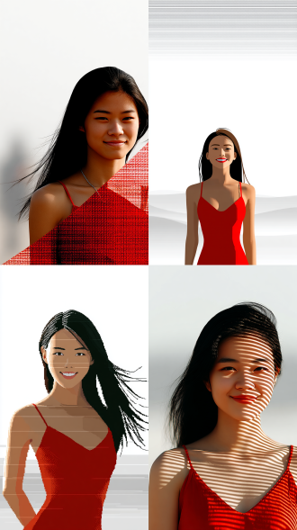 a work that combines surrealist dream core and steam wave aesthetic style, with high saturation rainbow gradient, hazy light and shadow, film grain texture, minimalism, full of narrative tension, cinematic composition, creating an atmosphere that is both focused and healing fantasy. half body portrait of a young asian woman with long hair draped over her shoulders, wearing a red spaghetti strap dress. she was facing the camera with bright eyes, staring at the audience with a sweet and cheerful smile on her face. the background is a pure light color tone with uniform and soft lighting, highlighting the texture of the skin and the bright colors of the red dress. high texture,