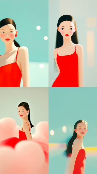a work that combines surrealist dream core and steam wave aesthetic style, with high saturation rainbow gradient, hazy light and shadow, film grain texture, minimalism, full of narrative tension, cinematic composition, creating an atmosphere that is both focused and healing fantasy. half body portrait of a young asian woman with long hair draped over her shoulders, wearing a red spaghetti strap dress. she was facing the camera with bright eyes, staring at the audience with a sweet and cheerful smile on her face. the background is a pure light color tone with uniform and soft lighting, highlighting the texture of the skin and the bright colors of the red dress. high texture,