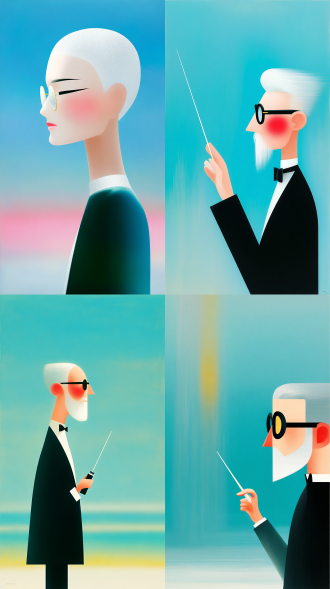 this is a work presenting surrealist dreamcore and vaporwave aesthetics, featuring a blend of high-saturation rainbow gradient lighting, hazy film grain texture, and minimalist yet narrative-driven cinematic composition, creating a fantasy dream atmosphere that is both lonely and healing. [forced composition] close-up profile shot (not mid shot), lens focuses on the conductor's face rather than full body. [facial anchors] an old conductor wearing gold-rimmed glasses and a neat white beard, his side profile face is fully visible and illuminated by stage light, not in shadow or silhouette. [state] he stands in distinct profile, raising his right arm with the baton, eyes staring sharply through glasses at the score ahead, extremely focused expression. [details] clear tuxedo collar details, no back view, no rear view, no silhouette