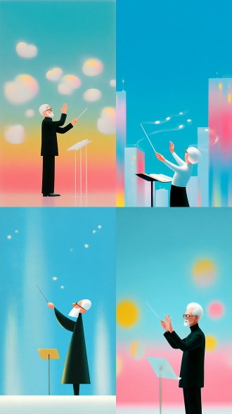 this is a work presenting surrealist dreamcore and vaporwave aesthetics, featuring a blend of high-saturation rainbow gradient lighting, hazy film grain texture, and minimalist yet narrative-driven cinematic composition, creating a fantasy dream atmosphere that is both lonely and healing. [correction: age & texture] medium shot, side profile. an elderly conductor in his 70s with thick silver-white hair and a snowy white beard (no young men). [lo-fi texture] the image features a strong soft-focus effect, vhs tape blur, and heavy film grain, feathered edges, not hd, not sharp. [action] he stands before a metal music stand, arms raised high, dynamically waving a baton, sheet music flying in the air. [details] he wears reading glasses, staring intently at the score. [lighting] rainbow glow surrounds him like a memory.