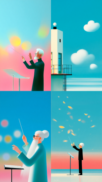 this is a work presenting surrealist dreamcore and vaporwave aesthetics, featuring a blend of high-saturation rainbow gradient lighting, hazy film grain texture, and minimalist yet narrative-driven cinematic composition, creating a fantasy dream atmosphere that is both lonely and healing. [correction: age & texture] medium shot, side profile. an elderly conductor in his 70s with thick silver-white hair and a snowy white beard (no young men). [lo-fi texture] the image features a strong soft-focus effect, vhs tape blur, and heavy film grain, feathered edges, not hd, not sharp. [action] he stands before a metal music stand, arms raised high, dynamically waving a baton, sheet music flying in the air. [details] he wears reading glasses, staring intently at the score. [lighting] rainbow glow surrounds him like a memory.