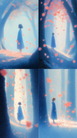 this is a digital painting style blending neo-impressionist pointillism with modern dreamy lighting aesthetics, simulating vintage film or pastel effects through high-noise grain texture, combined with high-exposure soft light and ethereal backlight atmosphere to create a narrative hazy dreamscape. perspective: long shot, low angle looking up. shot: full body. subject: a girl in a deep blue robe standing under a giant ancient tree, surrounded by floating red maple leaves. environment: dim blue misty forest. composition: central symmetrical composition, trees forming a natural frame. melancholy