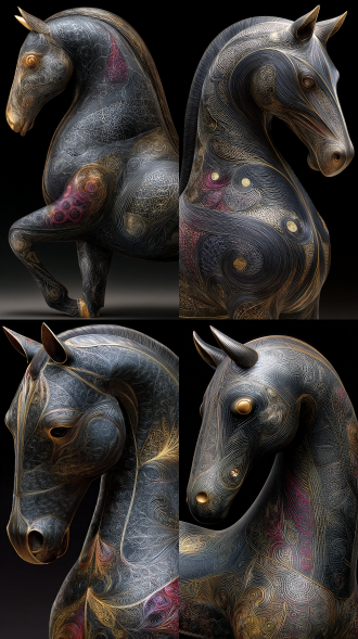 cloisonné gold horse，made of pure gold and silver wire , filigree metal art , metallic luster ， mainly gold and white , minimal colorful enamel ， isolated on black background