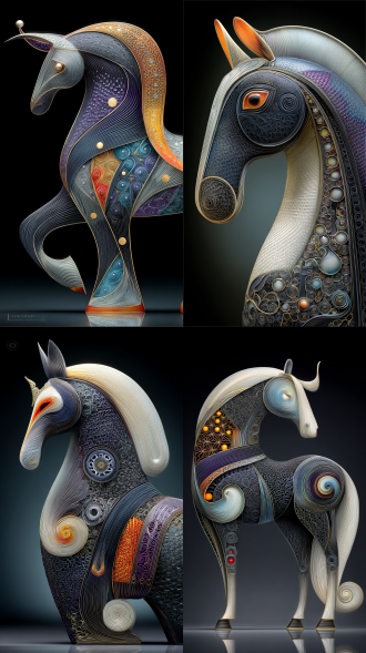 cloisonné gold horse，made of pure gold and silver wire , filigree metal art , metallic luster ， mainly gold and white , minimal colorful enamel ， isolated on black background