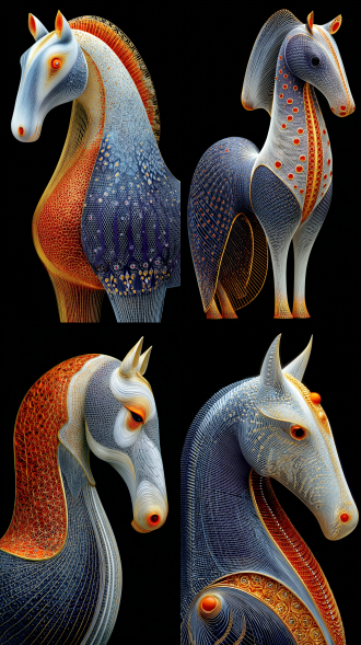 cloisonné gold horse，made of pure gold and silver wire , filigree metal art , metallic luster ， mainly gold and white , minimal colorful enamel ， isolated on black background