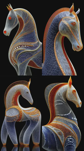 chinese traditional filigree art, a majestic horse made entirely of twisted gold wires, hollow metal structure, intricate jewelry craftsmanship, shiny solid gold texture, inlaid with white jade and diamonds, luxury, macro details, isolated on black background