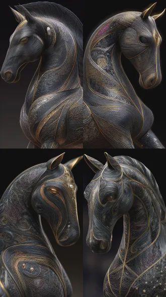 chinese traditional filigree art, a majestic horse made entirely of twisted gold wires, hollow metal structure, intricate jewelry craftsmanship, shiny solid gold texture, inlaid with white jade and diamonds, luxury, macro details, isolated on black background