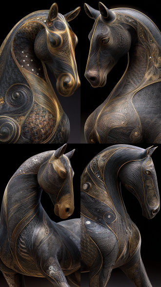chinese traditional filigree art, a majestic horse made entirely of twisted gold wires, hollow metal structure, intricate jewelry craftsmanship, shiny solid gold texture, inlaid with white jade and diamonds, luxury, macro details, isolated on black background