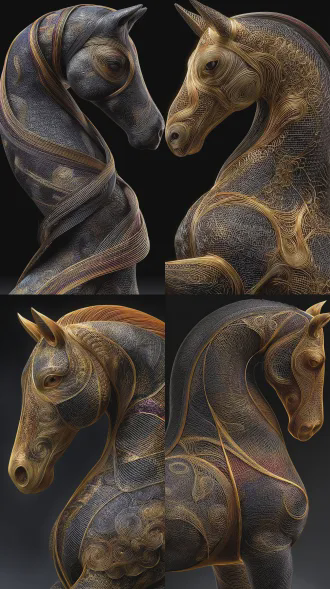 chinese traditional filigree art, a majestic horse statue made entirely of intricate twisted gold wires, dense golden mesh structure, exquisite jewelry craftsmanship, shiny solid gold texture, macro details, hollow metal design, luxury, isolated on black background