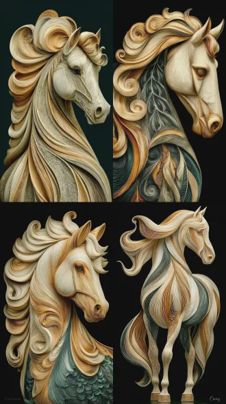 abstract art, a majestic horse made of swirling flowing lines, smooth curves, paper quilling style, surrealism, ethereal, elegant posture. color palette: beige and cream and warm yellow. ceramic glaze flow, soft cinematic lighting, isolated on black background, intricate details, 8k resolution