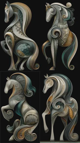 abstract art, a majestic horse made of swirling flowing lines, smooth curves, paper quilling style, surrealism, ethereal, elegant posture. color palette: beige and cream and warm yellow. ceramic glaze flow, soft cinematic lighting, isolated on black background, intricate details, 8k resolution