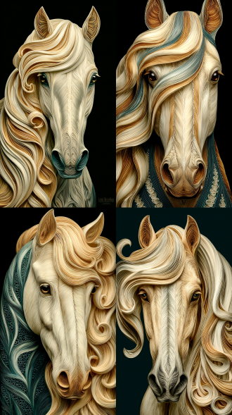 close-up portrait of a majestic horse with the beauty of a supermodel, long flowing mane like silk ribbons swirling around, expressive jeweled eyes looking gently, delicate facial features. style: abstract fluid art, paper quilling details, surrealism. soft cinematic lighting, dreamy atmosphere, isolated on black background，color palette: luxury gold, pearl white, silver accents