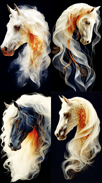 this is a close-up portrait of a majestic horse, possessing supermodel-like beauty. its long mane is silky smooth, winding around like a ribbon. its gem-like eyes are gentle and expressive, with exquisite facial features. style: abstract streamlined art, ultra-detailed, surrealism. soft cinematic lighting, dreamy atmosphere, dark gray, light gray, with a lone figure on the background，color palette: creamy beige, champagne gold, warm white