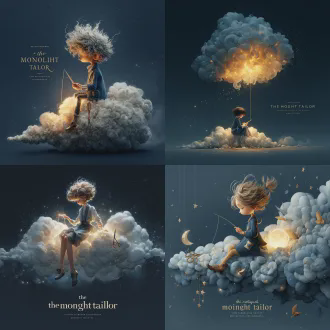 album cover art for "the moonlight tailor". a whimsical fantasy illustration. a gentle figure sitting on a fluffy cloud at night, acting as a celestial tailor. they are holding a glowing needle with long thread made of pure moonlight, sewing up a large crack in the dark starry sky. a pair of silver scissors resting nearby. their pocket is glowing brightly with collected moonlight inside. soft, magical, bioluminescent lighting. dreamy, healing atmosphere. illustration style like "the little prince" meets makoto shinkai. high quality, 8k.