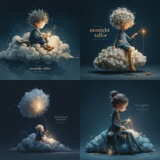 album cover art for "the moonlight tailor". a whimsical fantasy illustration. a gentle figure sitting on a fluffy cloud at night, acting as a celestial tailor. they are holding a glowing needle with long thread made of pure moonlight, sewing up a large crack in the dark starry sky. a pair of silver scissors resting nearby. their pocket is glowing brightly with collected moonlight inside. soft, magical, bioluminescent lighting. dreamy, healing atmosphere. illustration style like "the little prince" meets makoto shinkai. high quality, 8k.